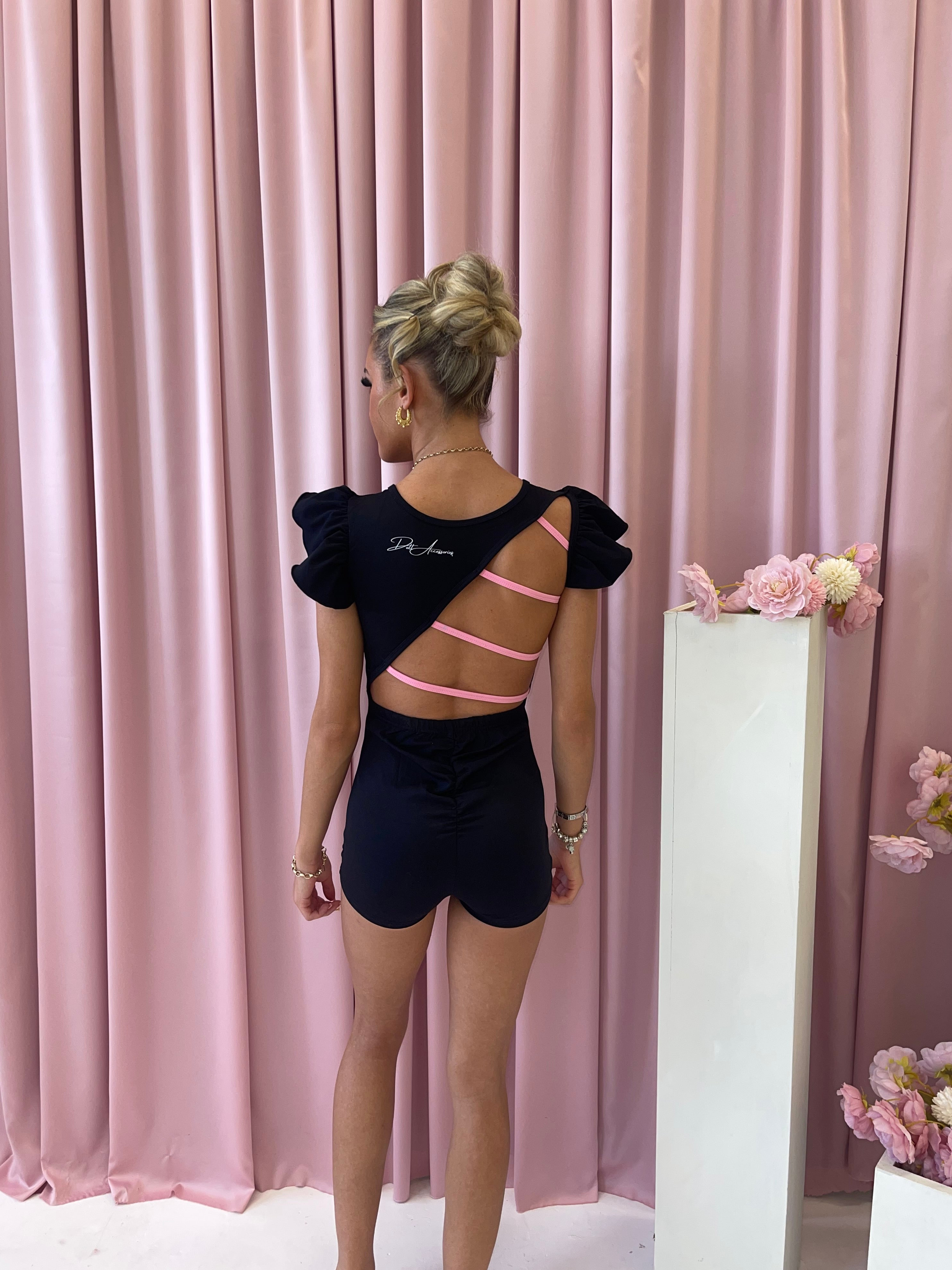 Pink & black rushed sleeve backless unitard