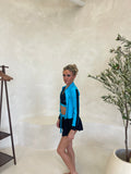 Blue & Black 3pc spinning shorts, crop top & jacket set